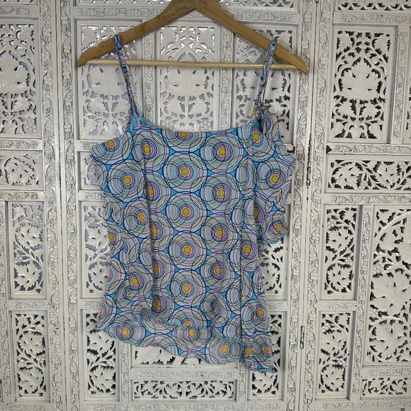 Vtg Y2K Retro Colorful Sheer Mesh Asymmetric Flowy Tank Top Sz Large - Picture 7 of 8